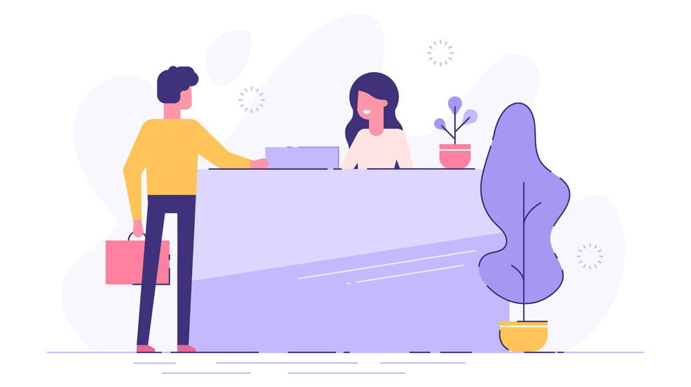 Grafik eines Mannes mit Tasche in der Hand, der sich an einer Hotelrezeption von einer Rezeptionistin beraten lässt.