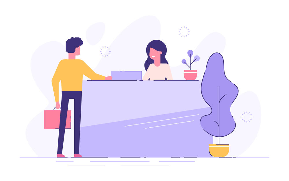 Grafik eines Mannes mit Tasche in der Hand, der sich an einer Hotelrezeption von einer Rezeptionistin beraten lässt.