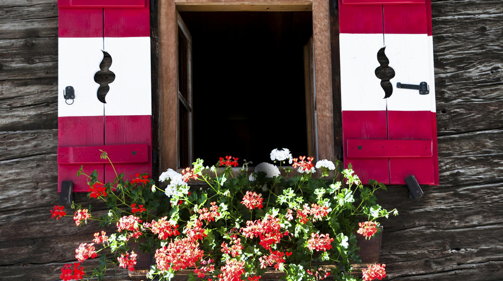 Typisches Amlhüttenfenster mit Fensterläden in Rot weiß Rot und bunten Blumen im Blumenkisterl.