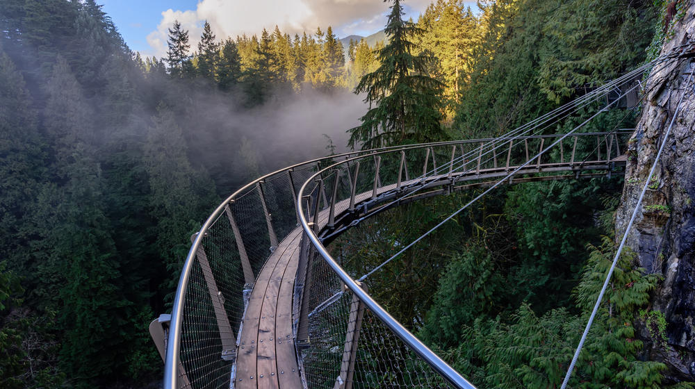 Ein Blick von der Hängebrücke auf raue Ströme eines Gebirgsflusses zwischen grünen Wäldern, weißem Nebel und felsigen Bergen an einem sonnigen Sommertag.