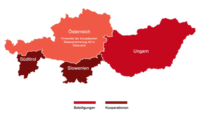 Landkarte mit Firmensitz der Europäischen Reiseversicherung AG in Österreich, Beteiligung Ungarn, Kooperationen Südtirol und Slowenien
