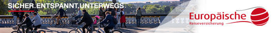 Radfahrer mit Eiffelturm in Paris mit Schriftzug 'Sicher. Entspannt. Unterwegs', Banner 728x90