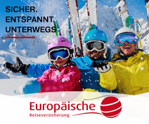 Schneepiste und fröhliche Skifahrer mit Skiibrillen. Schriftzug 'Sicher. Entspannt. Unterwegs', Banner 300x250