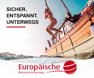 Young woman jumps from a boat into the water, holding her nose. Lettering 'Sure. Relaxed. On the way', banner 300x250